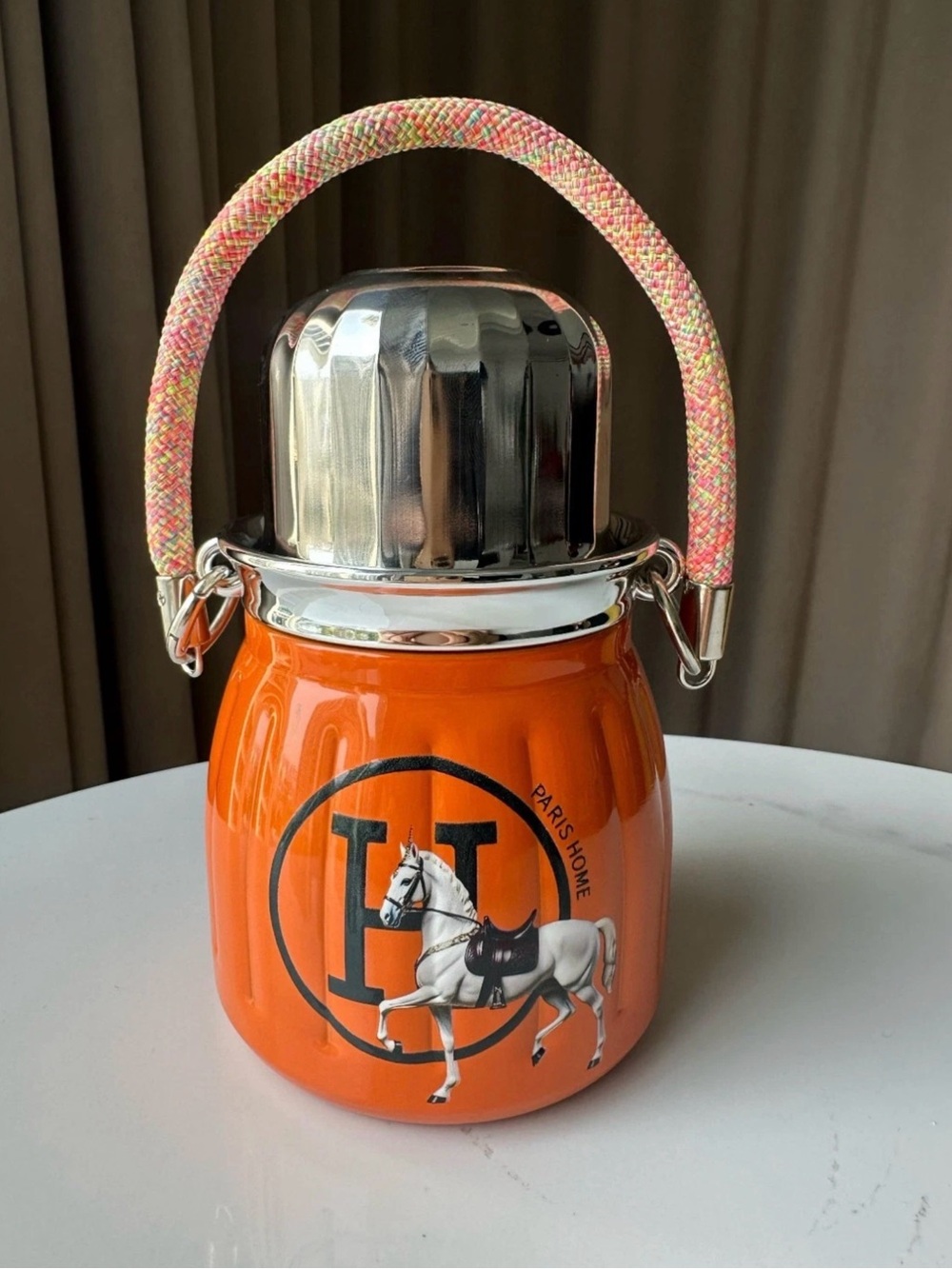 Hermes Orange Horse Print Drinkware Flask with Silver Cap - Picture 2 of 7